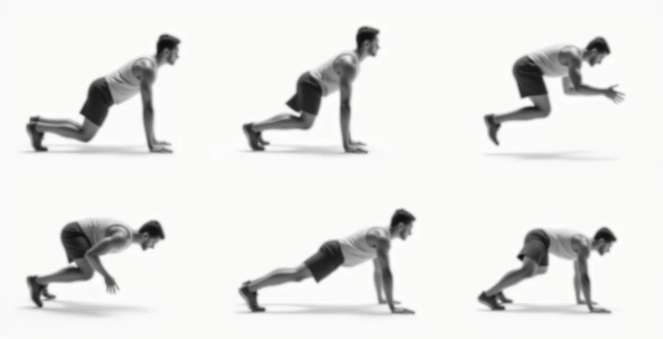 Eine Schritt-für-Schritt Anleitung für Anfänger zeigt die Dekonstruktion eines Burpees in einzelne, einfache Komponenten: isolierte Kniebeugen, Plankenposition mit Unterstützung, und kontrollierte Liegestützvarianten.