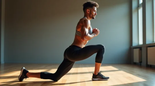 Demonstation einer perfekten Ausfallschritt-Position mit aufrechtem Oberkörper und gleichmäßiger Gewichtsverteilung für optimale Stabilität und Kraftentwicklung