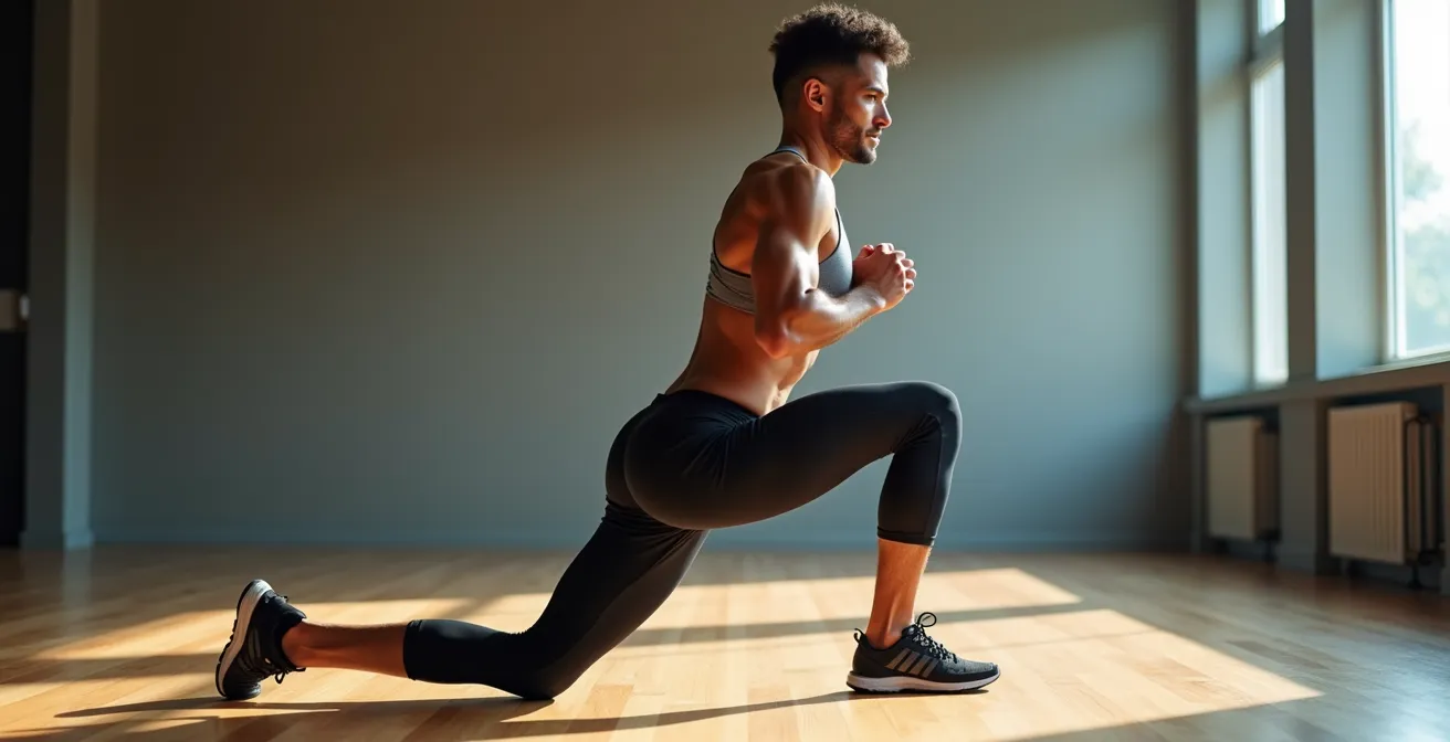Demonstation einer perfekten Ausfallschritt-Position mit aufrechtem Oberkörper und gleichmäßiger Gewichtsverteilung für optimale Stabilität und Kraftentwicklung