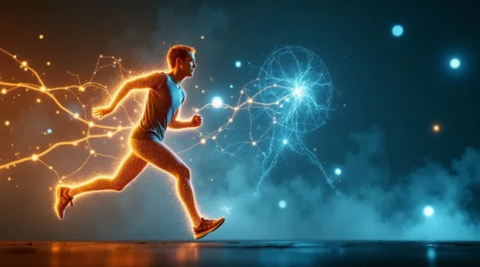 Ein aktiver Mensch in Bewegung mit visualisierten Nervenbahnen und leuchtenden synaptischen Verbindungen, die sich neu organisieren.