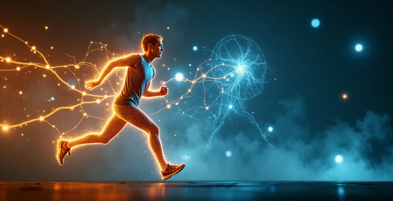 Ein aktiver Mensch in Bewegung mit visualisierten Nervenbahnen und leuchtenden synaptischen Verbindungen, die sich neu organisieren.
