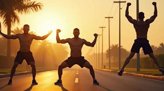 Eine dynamische Illustration, die die volle Bewegungsabfolge eines Burpees zeigt: von der aufrechten Position über die Kniebeuge, Liegestütz bis zum explosiven Sprung mit erhobenen Armen.