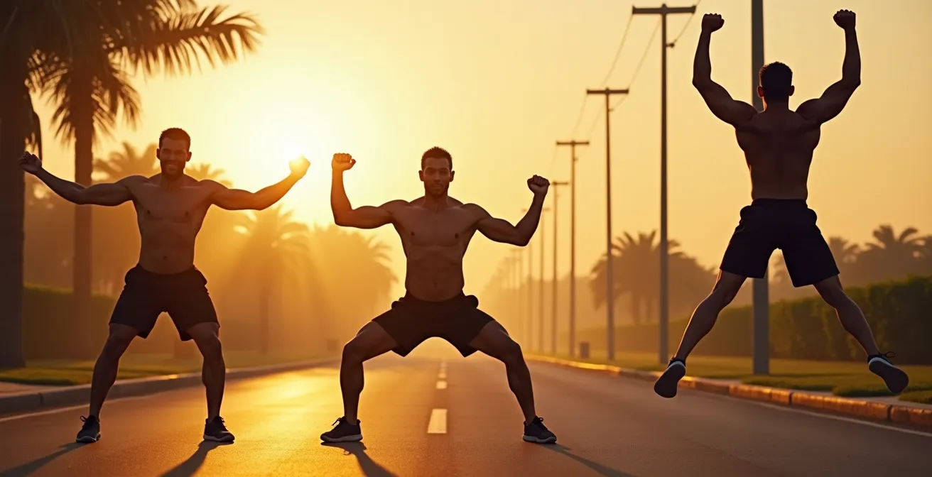 Eine dynamische Illustration, die die volle Bewegungsabfolge eines Burpees zeigt: von der aufrechten Position über die Kniebeuge, Liegestütz bis zum explosiven Sprung mit erhobenen Armen.