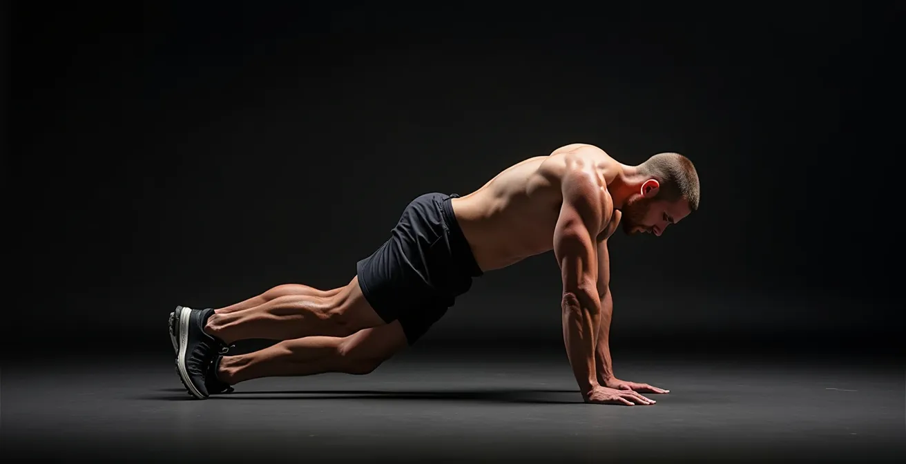 Ein Athlet führt Cross-Body Mountain Climbers aus, wobei das Knie diagonal zum gegenüberliegenden Ellenbogen gezogen wird, wobei Anti-Rotation-Kraft aktiviert wird.