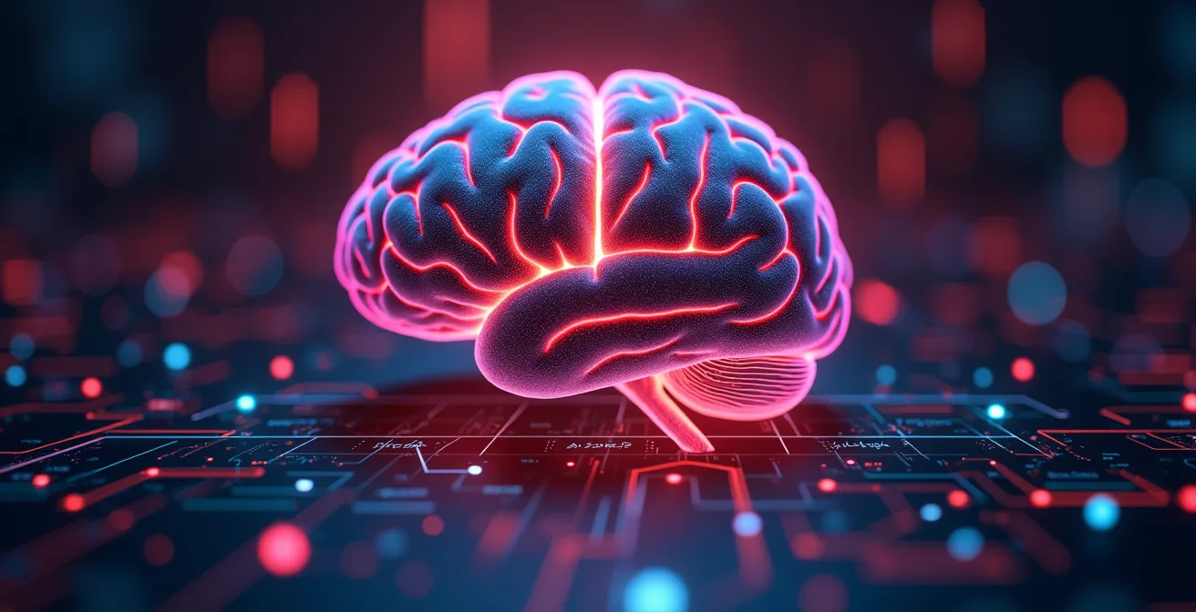 Darstellung eines Gehirns, das von leuchtenden digitalen App-Elementen umgeben ist, die Dopamin-Schleifen symbolisieren