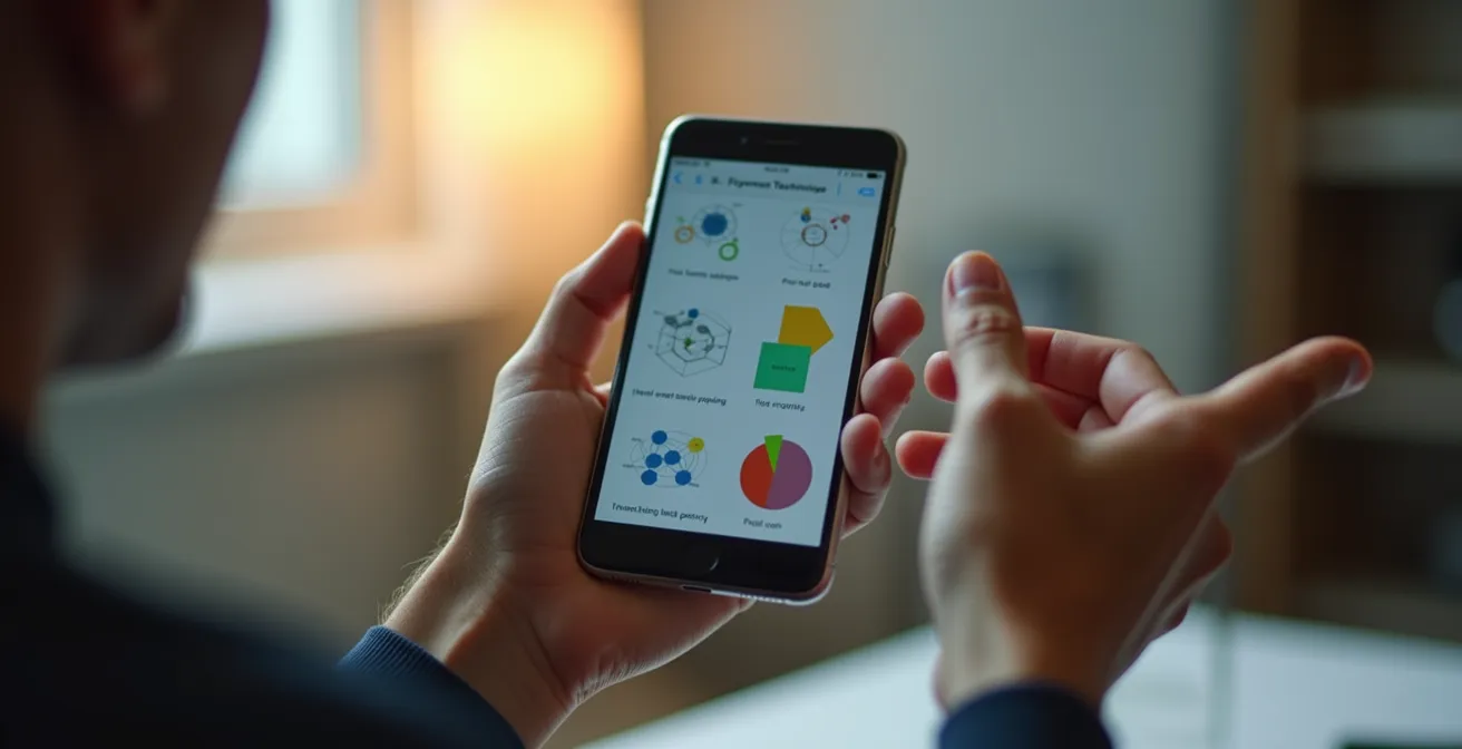 Eine Person erklärt ein komplexes Konzept, das auf einem Smartphone dargestellt ist, mit einfachen Gesten und leuchtenden Linien, die das Verständnis symbolisieren.