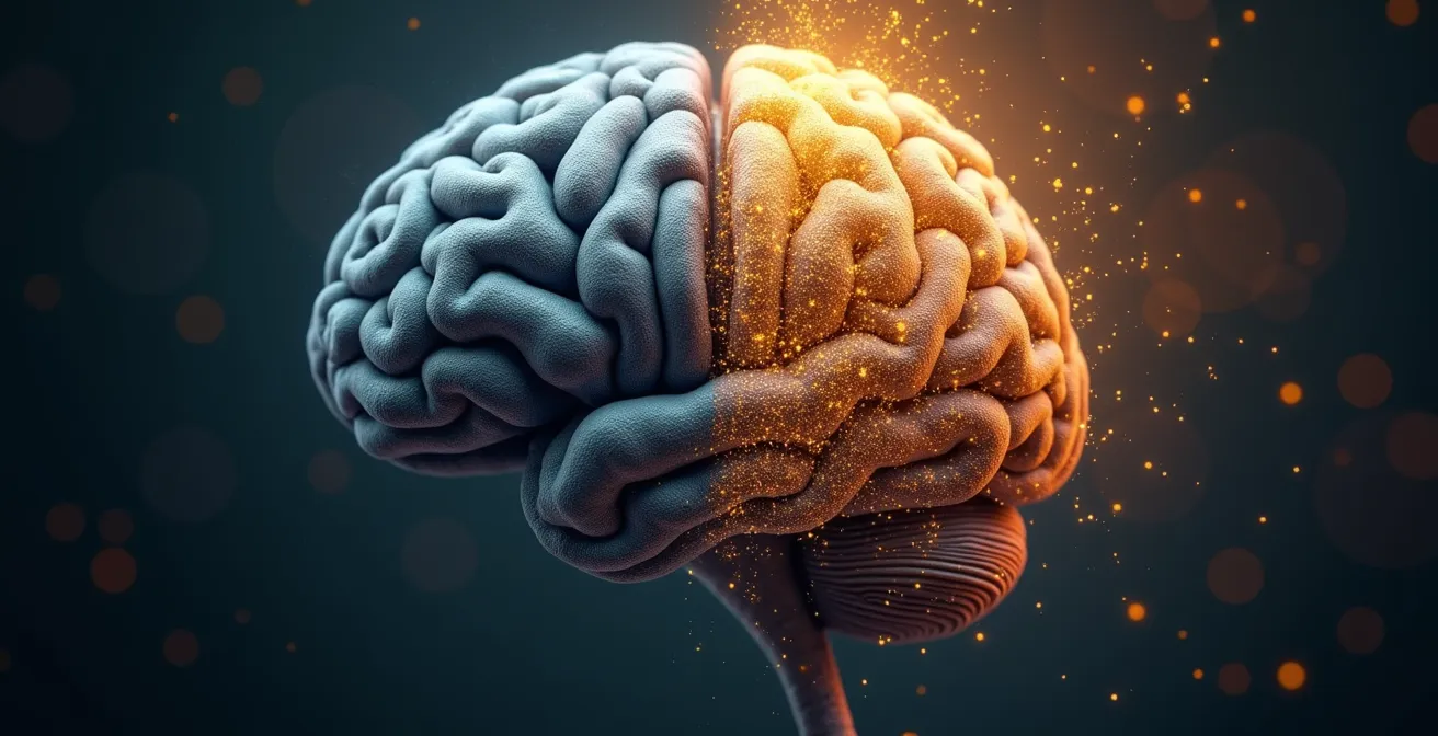 Gehirn im Autopilot-Modus mit neuronalen Verbindungen und Perspektivwechsel visualisiert