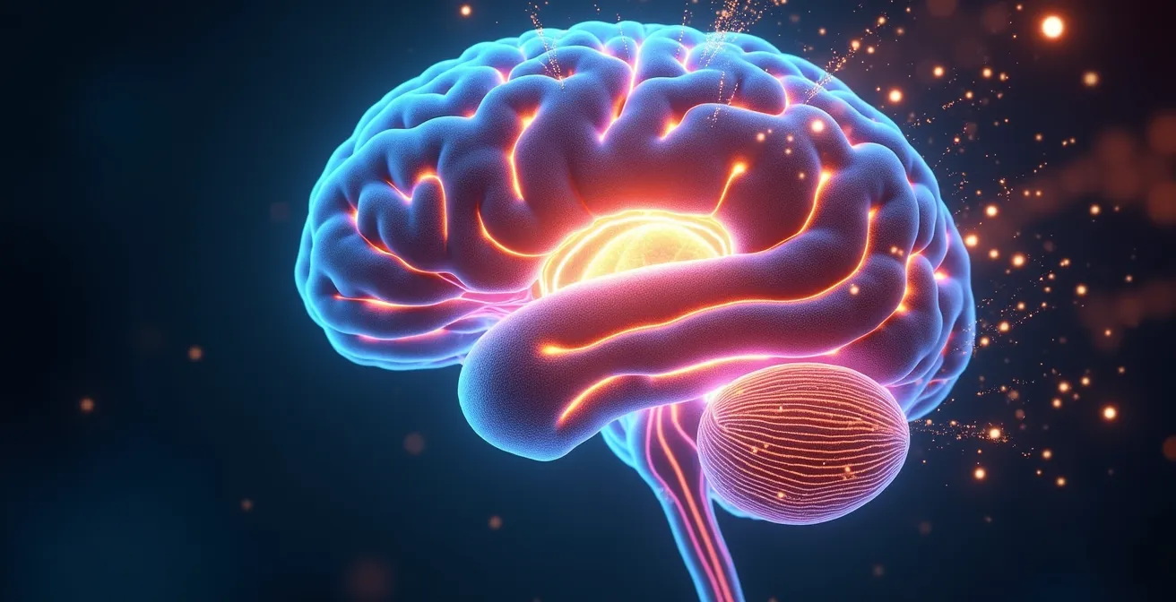 Eine symbolische Darstellung eines menschlichen Gehirns mit aktivierten Neuronen und glühendem Lichtnetzwerk, das maximale mentale Aufnahmefähigkeit und Lernprozesse visualisiert.