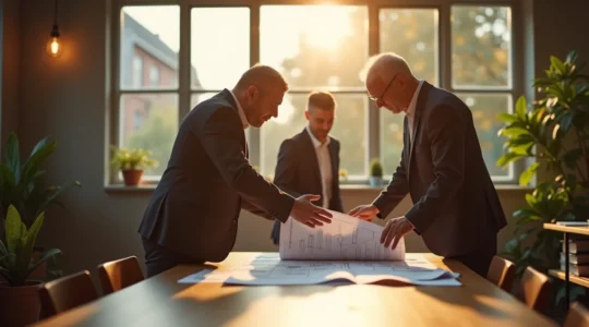 Visualisierung von generationenübergreifendem Unternehmertum: Mehrere Generationen arbeiten zusammen an nachhaltigen Wachstumsstrategien in einem modernen, ethisch orientierten Unternehmen.