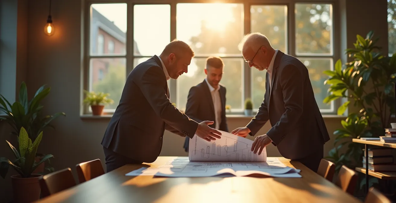 Visualisierung von generationenübergreifendem Unternehmertum: Mehrere Generationen arbeiten zusammen an nachhaltigen Wachstumsstrategien in einem modernen, ethisch orientierten Unternehmen.