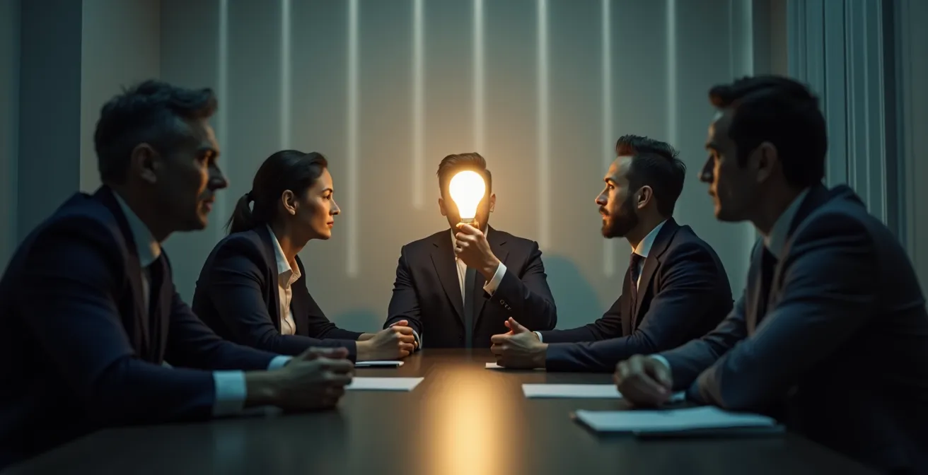 Besprechungsraum mit nickenden Personen und einer leuchtenden Glühbirne, die unterdrückt wird