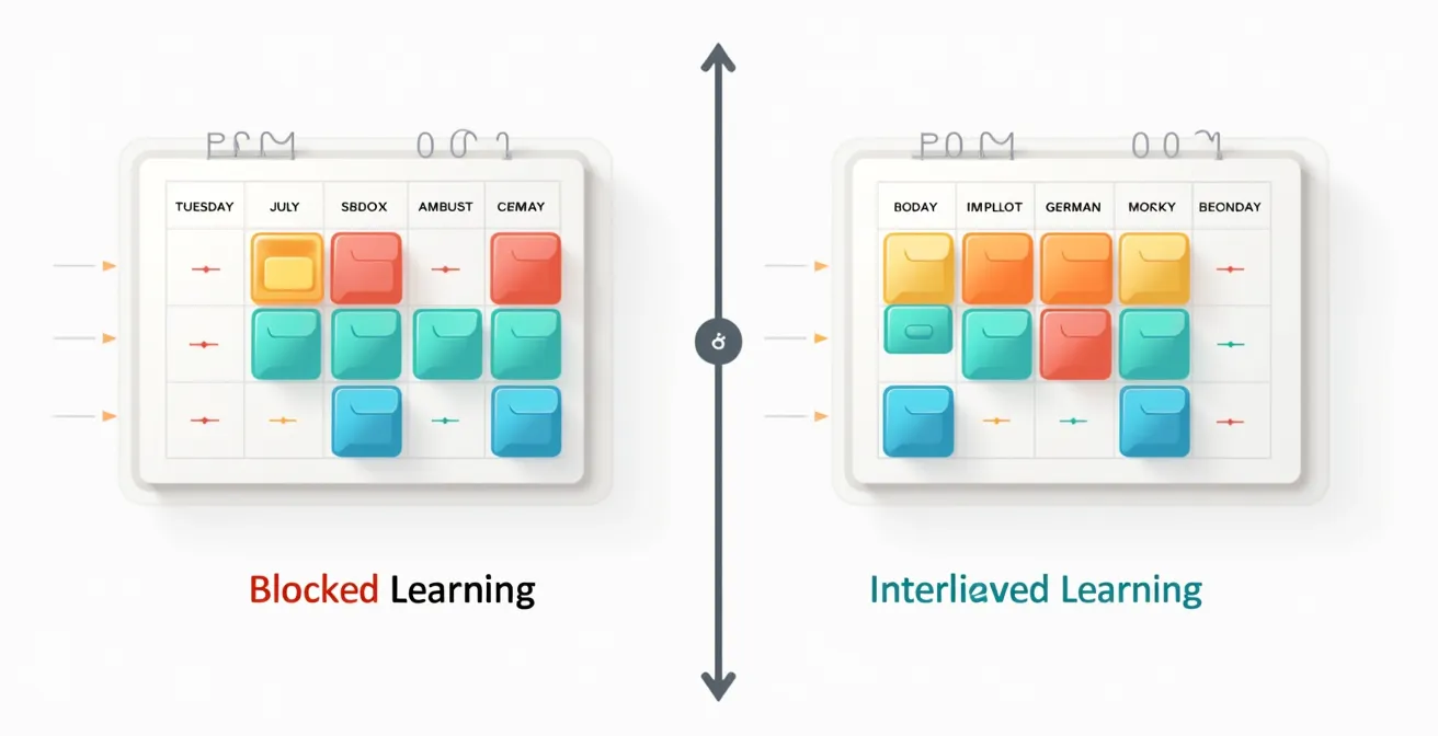 Ein visueller Vergleich zwischen Blocked Learning (Mathe-Block, Bio-Block, Deutsch-Block) und Interleaved Learning (abwechselnde Themen durcheinander gemischt über die Woche verteilt).