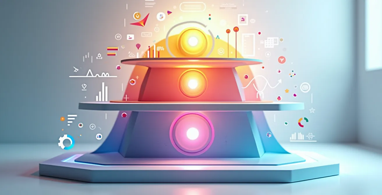 Drei Ebenen-Diagramm zeigt funktionale, emotionale und soziale Dimensionen eines Customer Jobs. Jede Ebene wird mit unterschiedlichen visuellen Metaphern dargestellt.