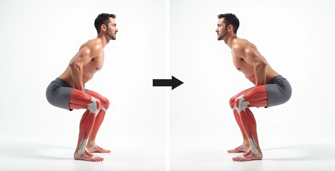 Visualisierung eines Trainierenden mit nach innen fallenden Knien während der Kniebeuge, zeigt häufigen Fehler und korrekte Position daneben