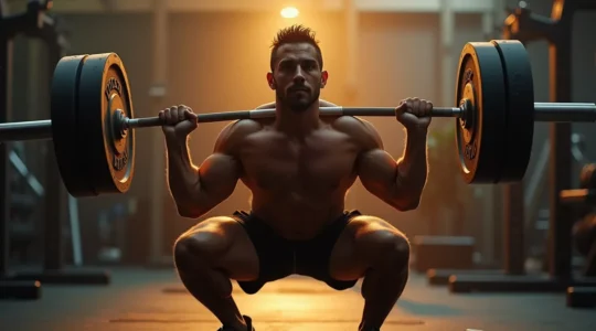 Athlet führt perfekte Langhantel-Kniebeuge mit aufrechtem Oberkörper und tiefem Sitz durch, demonstriert muskulösen Unterkörper und korrekte Körperhaltung