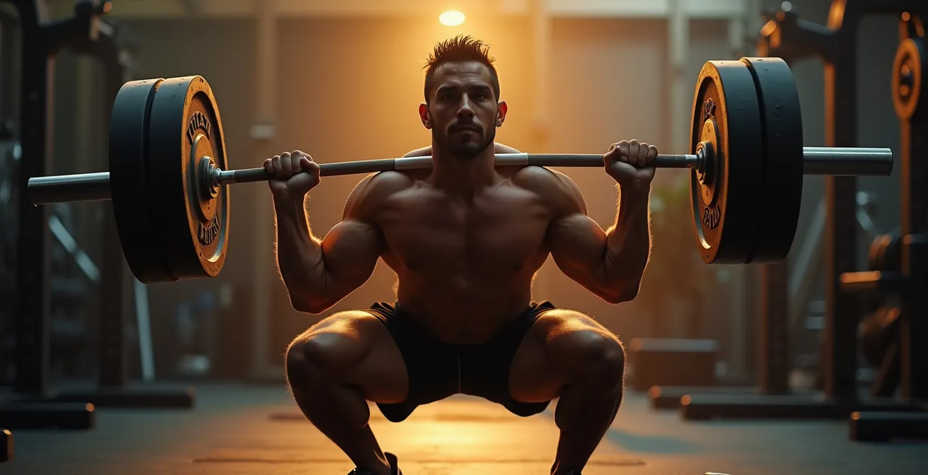 Athlet führt perfekte Langhantel-Kniebeuge mit aufrechtem Oberkörper und tiefem Sitz durch, demonstriert muskulösen Unterkörper und korrekte Körperhaltung