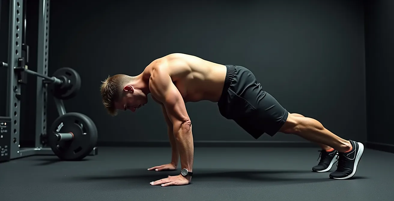 Seitenansicht einer korrekten Liegestütze mit aktiviertem Serratus Anterior und flachem Schulterblatt am Brustkorb