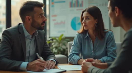 Visuelles Konzept eines Geschäftsmanns oder einer Geschäftsfrau, der/die aufmerksam zuhört und sich Notizen macht, während ein Kunde sein Problem beschreibt. Der Hintergrund zeigt Symbole für Wettbewerber und Markttrends.