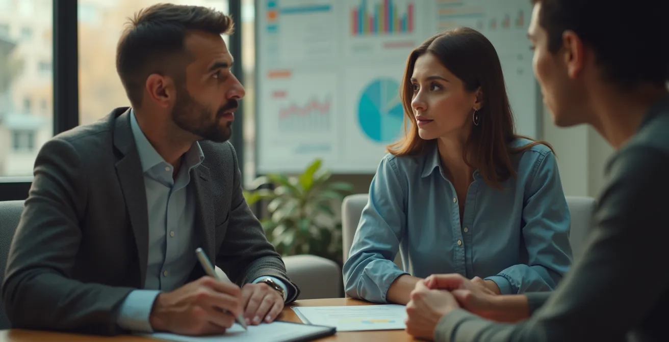 Visuelles Konzept eines Geschäftsmanns oder einer Geschäftsfrau, der/die aufmerksam zuhört und sich Notizen macht, während ein Kunde sein Problem beschreibt. Der Hintergrund zeigt Symbole für Wettbewerber und Markttrends.