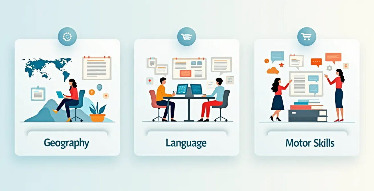 Eine Grafik, die zeigt, wie das Lernformat zum Inhalt passen sollte: Geographie mit visuellen Karten, Sprache mit auditiven und sprechenden Elementen, motorische Fähigkeiten mit kinästhetischen Aktivitäten.