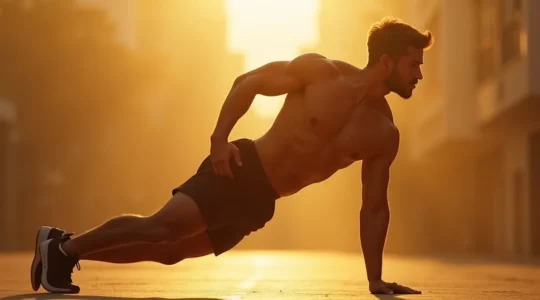 Ein Athlet führt Mountain Climbers aus, mit perfekter Rumpfkontrolle und stabilem Körper in horizontaler Position.