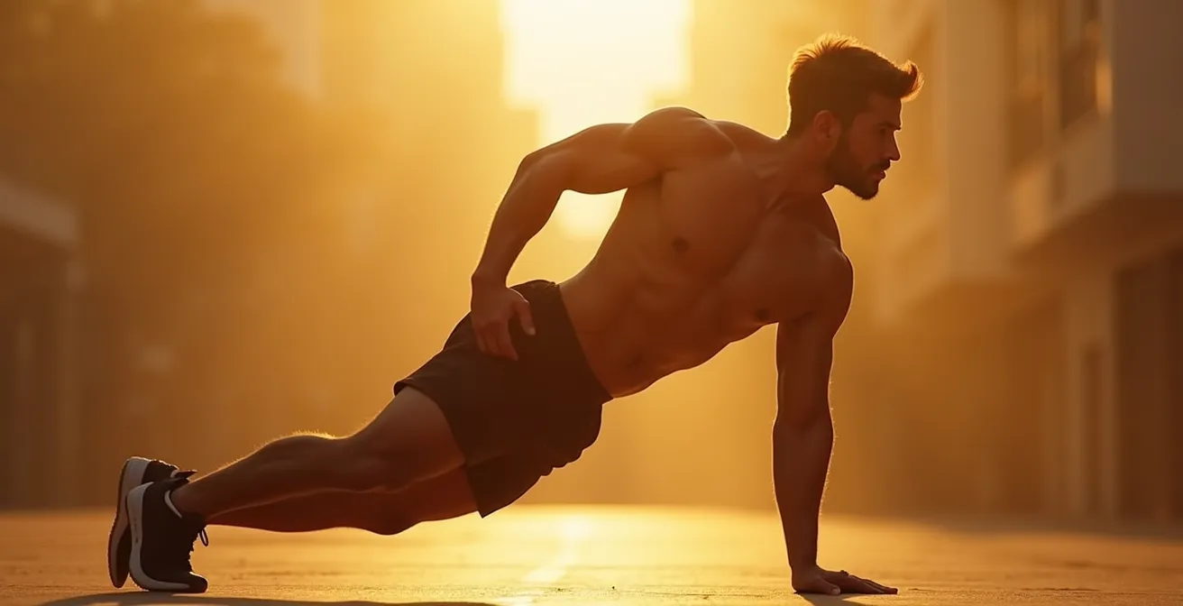 Ein Athlet führt Mountain Climbers aus, mit perfekter Rumpfkontrolle und stabilem Körper in horizontaler Position.