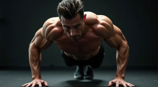 Athlet in perfekter Plank-Position mit angespanntem Rumpf und gerader Körperlinie von Kopf bis Fuß