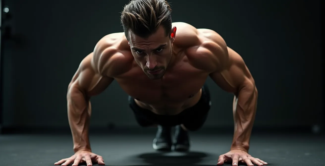 Athlet in perfekter Plank-Position mit angespanntem Rumpf und gerader Körperlinie von Kopf bis Fuß