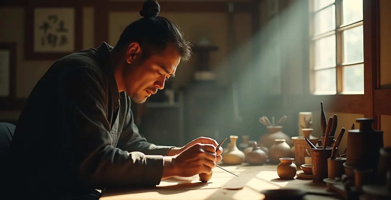 Meisterhandwerker konzentriert sich auf Perfektion in einer Nische statt auf unendliche Expansion - eine visuelle Darstellung der Shokunin-Strategie für qualitatives Wachstum.