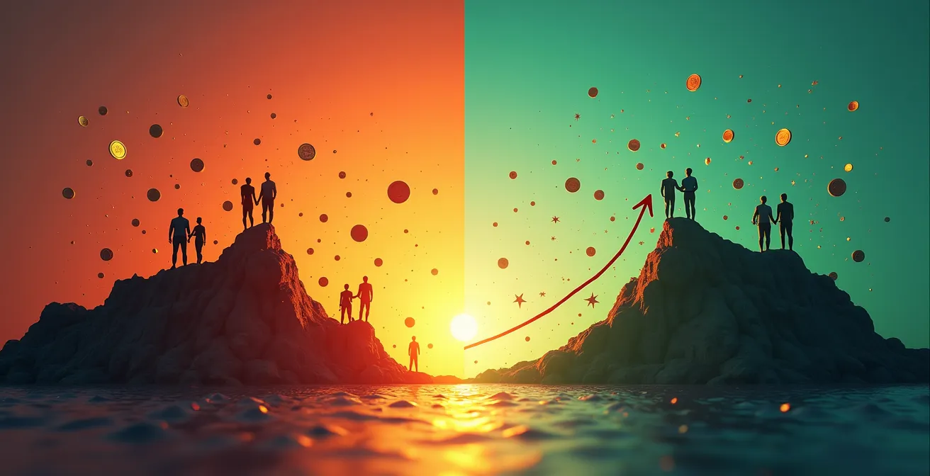 Grafische Darstellung, die unkontrolliertes, abstürzendes Wachstum mit stabilem, qualitativem und profitablem Wachstum vergleicht.