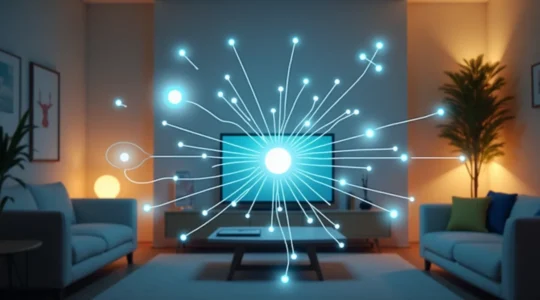 Ein modernes Wohnzimmer mit verschiedenen Smart-Home-Geräten die nahtlos miteinander verbunden sind, symbolisiert durch leuchtende Verbindungslinien zwischen Lichtern, Thermostat, Sprachassistent und Kamera.