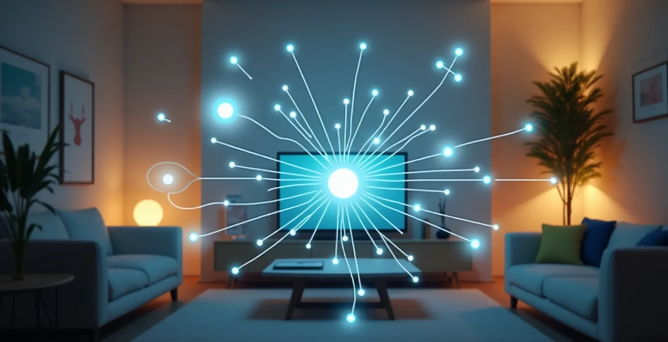Ein modernes Wohnzimmer mit verschiedenen Smart-Home-Geräten die nahtlos miteinander verbunden sind, symbolisiert durch leuchtende Verbindungslinien zwischen Lichtern, Thermostat, Sprachassistent und Kamera.