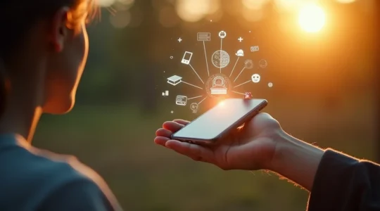 Ein Smartphone verwandelt sich in ein maechtiges Lerntool mit Symbolen fuer Produktivitaet und persoenliche Entwicklung