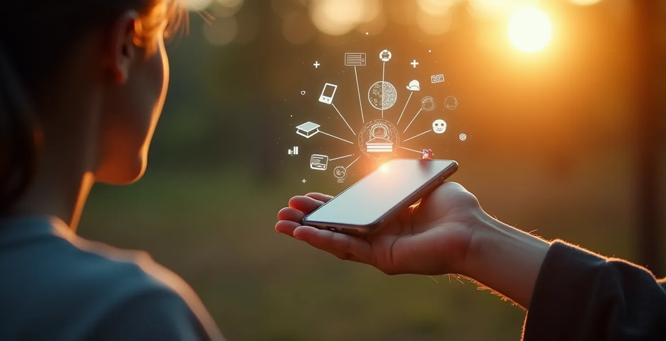 Ein Smartphone verwandelt sich in ein maechtiges Lerntool mit Symbolen fuer Produktivitaet und persoenliche Entwicklung