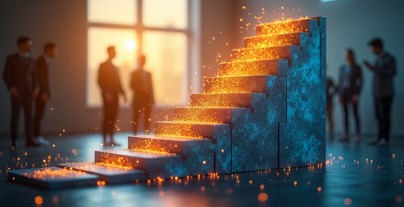 Abstrakte Visualisierung einer Technologie-Reifekurve mit mehreren Phasen, von frühen Konzepten bis zur Marktreife