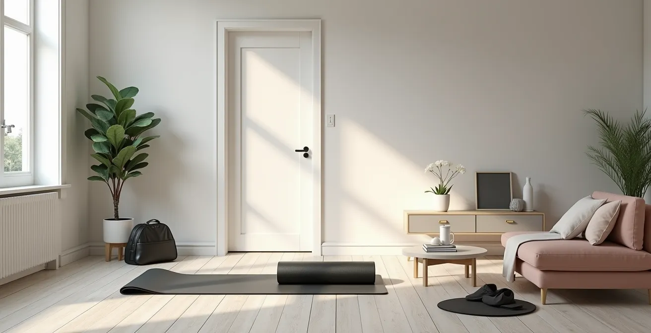 Ein Wohnzimmer mit systematisch angeordneten Fitness-Elementen: Sporttasche an der Tür, ausgerollte Trainingsmatte, sichtbares Trainingsausrüstung.