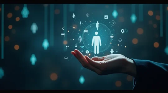 Symbolische Darstellung einer unsichtbaren Hand, die ein digitales Netzwerk und das Leben eines Menschen steuert