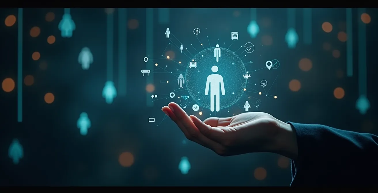 Symbolische Darstellung einer unsichtbaren Hand, die ein digitales Netzwerk und das Leben eines Menschen steuert