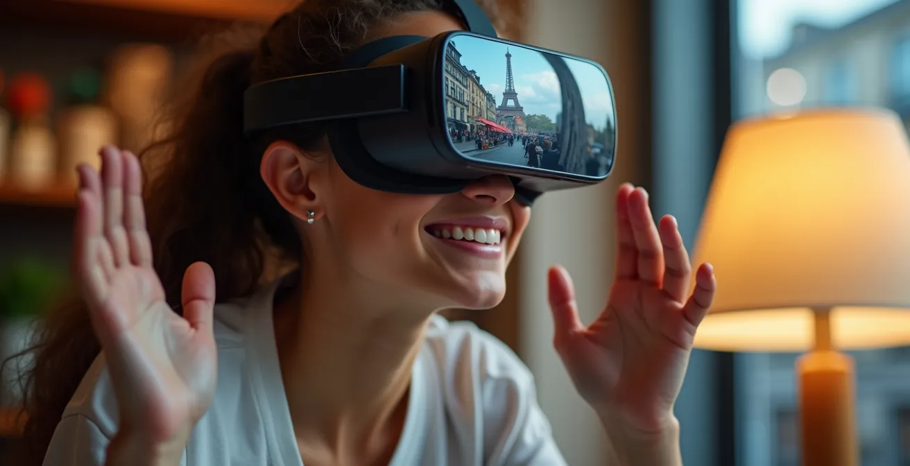 Person trägt VR-Brille und übt eine Fremdsprache in virtueller simulierter Umgebung