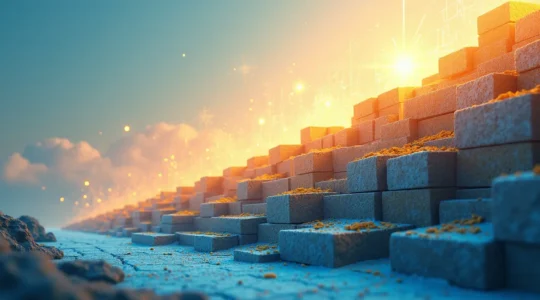 Illustration zeigt den Weg vom Fundament zur Skalierung: Ein stabiles Fundament führt über steigende Bausteine zu einem wachsenden, skalierbaren Unternehmen mit klarer Vision.