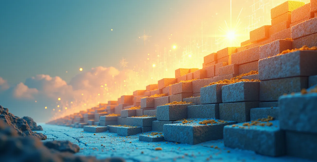 Illustration zeigt den Weg vom Fundament zur Skalierung: Ein stabiles Fundament führt über steigende Bausteine zu einem wachsenden, skalierbaren Unternehmen mit klarer Vision.