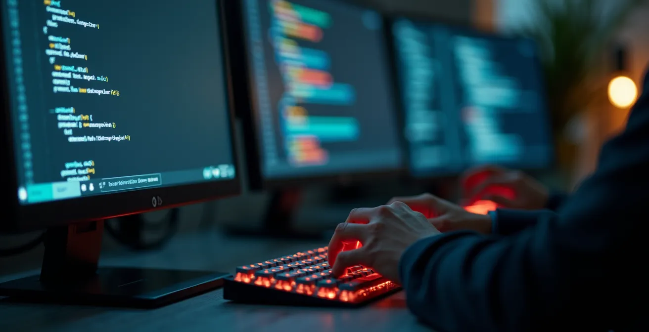 Symbolische Illustration von Entwicklern, die Werte in Code einbetten, mit hervorgehobenen Linienelementen im digitalen Quellcode