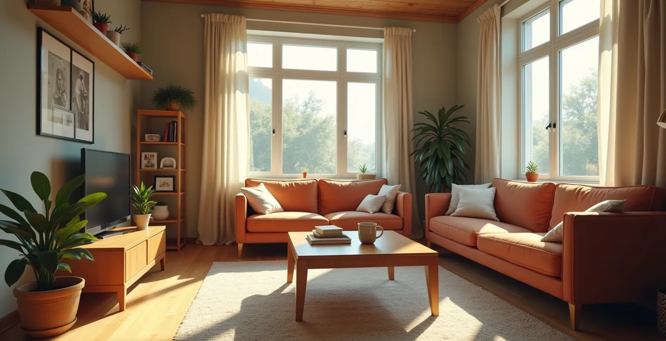 Alltägliches Wohnzimmer aus ungewöhnlichen Blickwinkeln mit transformierten Objekten