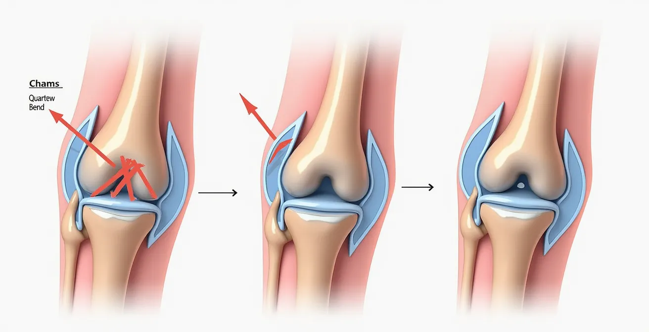 Anatomische Querschnitt-Darstellung des Knies in verschiedenen Beugewinkeln, zeigt Wrapping-Effekt und Lastverteilung auf Kniegelenk