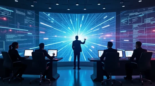 Visuelle Darstellung einer futuristischen Matrix mit sich kreuzenden Trendlinien und strategischen Denkmustern