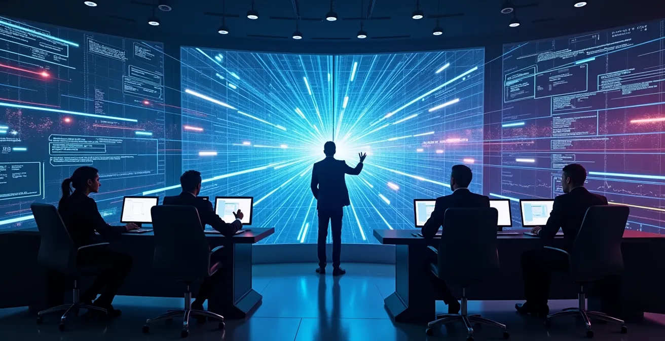 Visuelle Darstellung einer futuristischen Matrix mit sich kreuzenden Trendlinien und strategischen Denkmustern