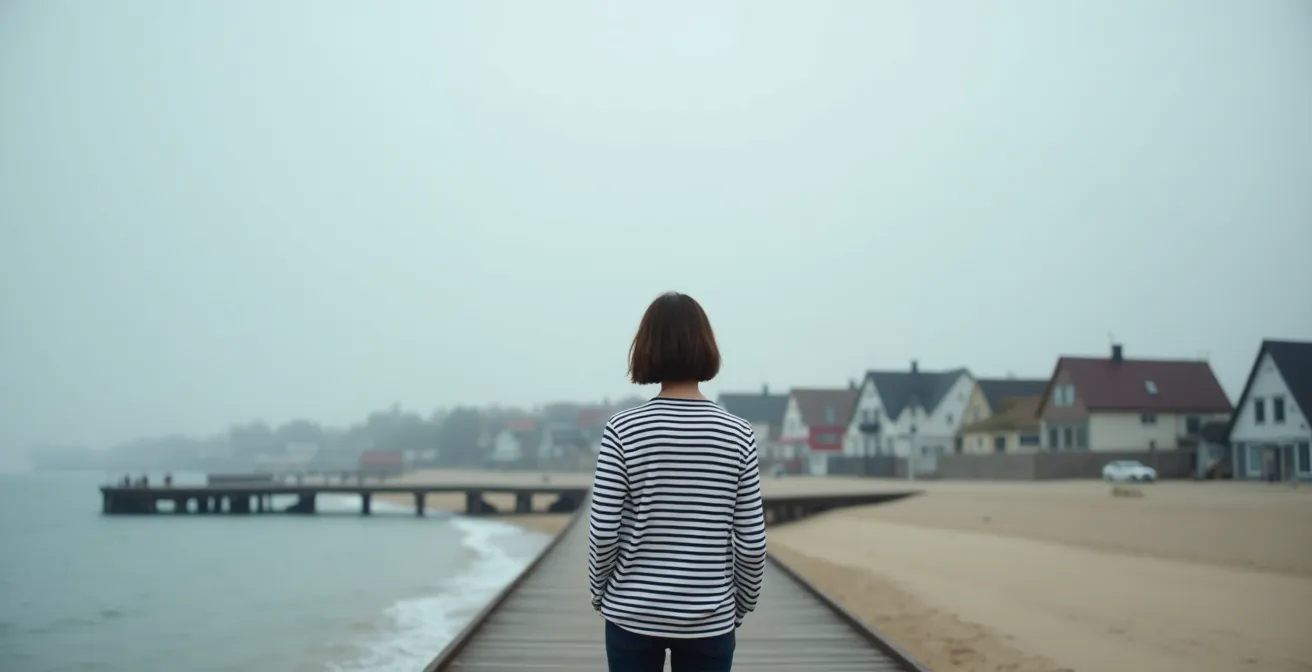 Person im klassischen Breton-Shirt in verschiedenen deutschen Umgebungen
