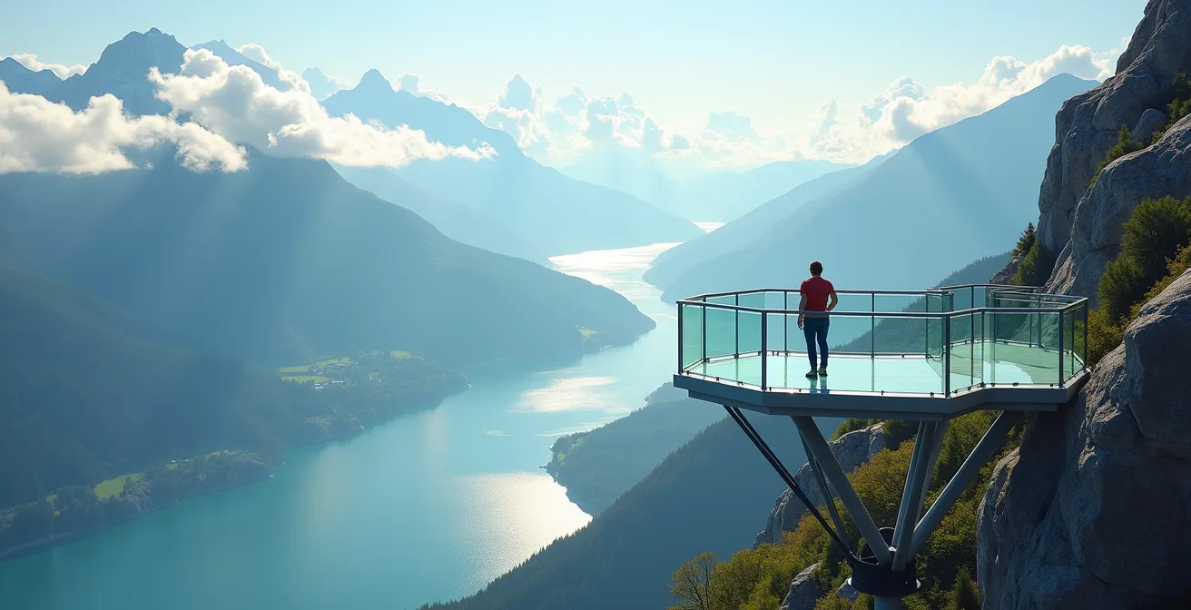 Ein Wanderer steht auf der gläsernen 5 Fingers Aussichtsplattform und blickt ehrfürchtig auf den Hallstätter See in der Tiefe.