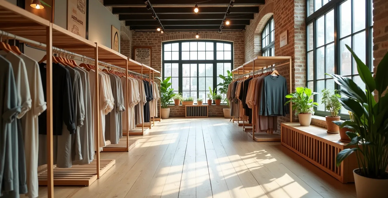 Heller, einladender Fair Fashion Concept Store mit natürlichen Materialien und sorgfältig kuratierten Kleidungsstücken