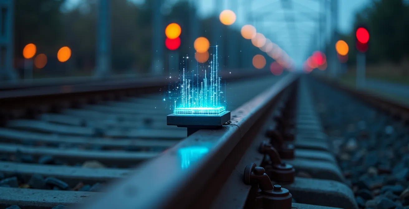 Nahaufnahme von Sensoren an Bahnschienen mit Datenvisualisierung